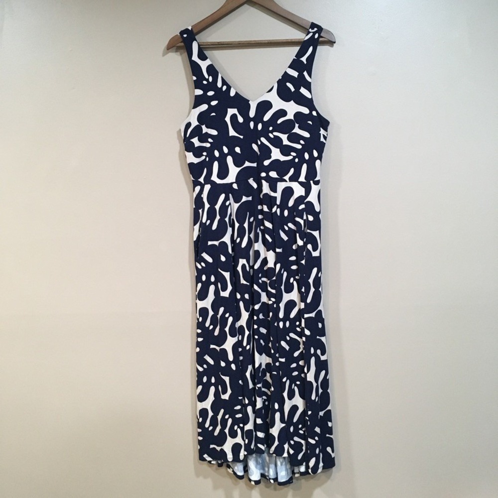 Tribal Floral Midi Dress Womens M Navy Cream Tropical Resort Coastal Beach Long